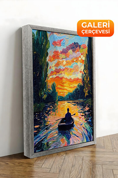 Zestia Tablou pe pânză înrămat cu argint, Canoe și apus de soare, Peisaj colo...