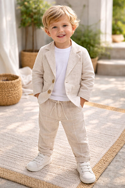 Uğur bebe 3 Pieces Boys Linen Piece Suit Blazer Jacket Pants Summer Stylish S...