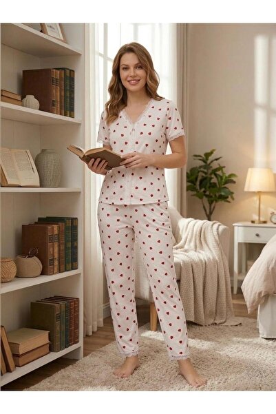 NOCHES PYJAMAS Women's White Heart Patterned Thin Wrinkled Buttoned Short Sle...