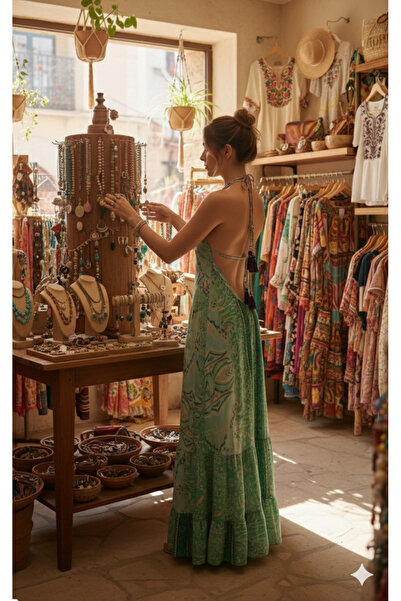 elite aura collectıon Bohem Rüyası Yeşil Maxi Elbise