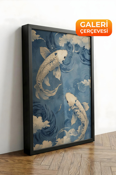 Zestia Tablou pe pânză înrămată neagră Pești Koi în rândul valurilor japoneze...