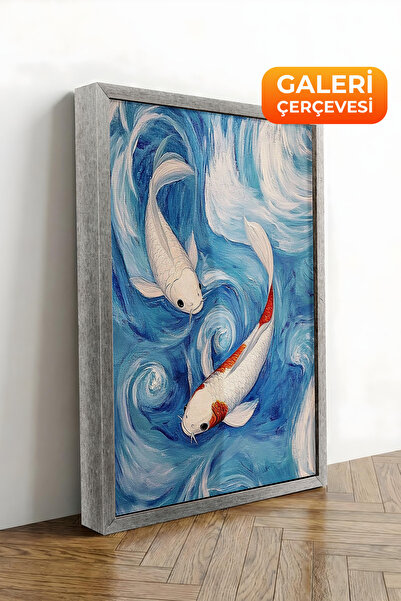 Zestia Εκτύπωση σε καμβά με ασημένιο πλαίσιο Koi Fish Blue Waves Ιαπωνικού στ...