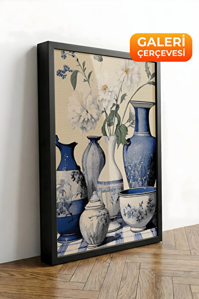 Zestia Black Framed Canvas Painting Blue and White Vase Collection Premium Se...