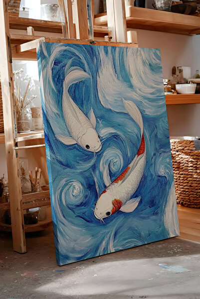 Zestia Πίνακας σε καμβά με ψάρια Koi και μπλε κύματα, Ιαπωνικού στυλ, Σειρά P...