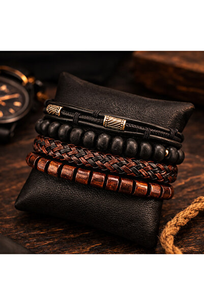 OEM Men's Bracelet Set Leather & Brown Wood Multiple Adjustable Bracelets, Me...