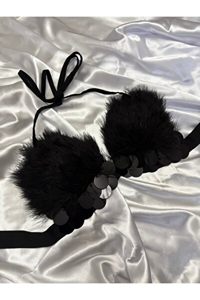 Che Reina Tüylü Siyah Sütyen Crop