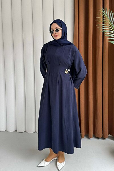Modaensarbutik Gold Broş Bel Detaylı Tesettür Elbise-LACİVERT