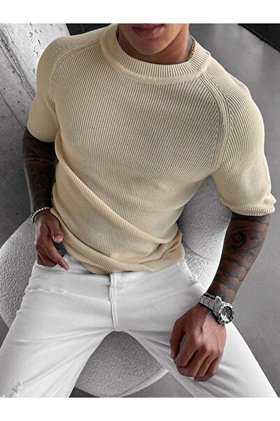 elkumoda Men's Slim Fit Corded Fabric Knitwear T-Shirt Slim Fit Striped Knitt...