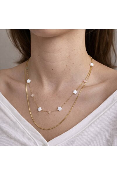 nerora Italian Snake Chain with Flower and Pastel Bead Charms 2-Piece Steel G...