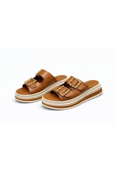 moun shoes Women's Tan Double Buckled Orthopedic Sole Daily Slipper