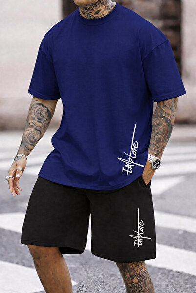 puolikuu Men's Oversized Tracksuit with Shorts - Lettering Printed T-Shirt - ...