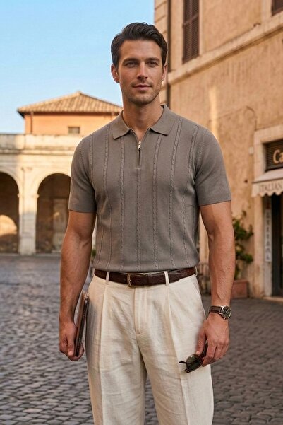 Maccali Men's Trend Summer Knitwear Mink Polo Neck T-Shirt