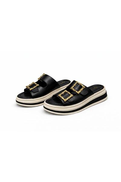 moun shoes Women's Black Double Buckled Orthopedic Sole Daily Slipper