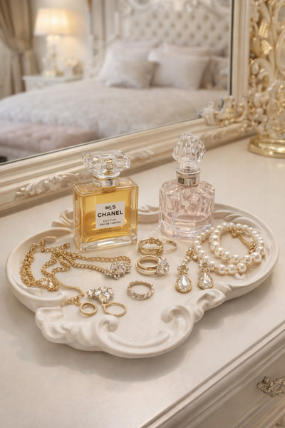 StoneVia Vintage Desenli Dekoratif Takı Tepsisi – Makyaj Masası Parfüm ve Aks...