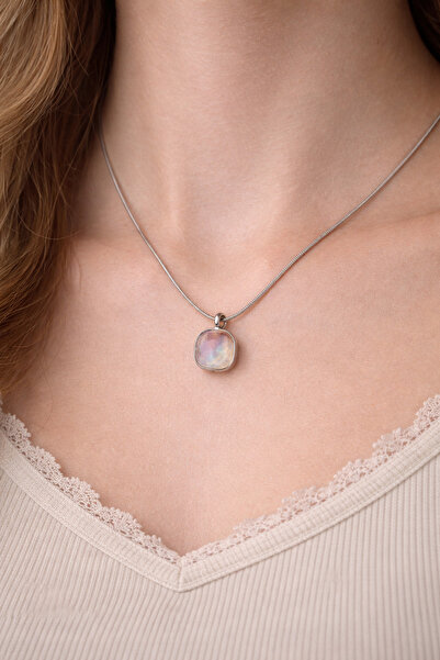 Takıtolia Xiavy Square White Sparkling Silver Color Chain Stainless Steel Nec...