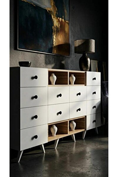 Projemob Miramob 12 Çekmeceli ve 4 Bölmeli Modern Dev Şifonyer Geniş Konsol S...