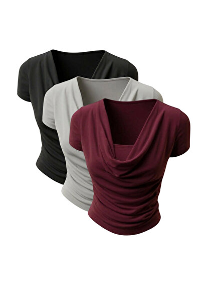 EVOA Women's 3-Piece Draped Collar Short Sleeve Stylish Blouse