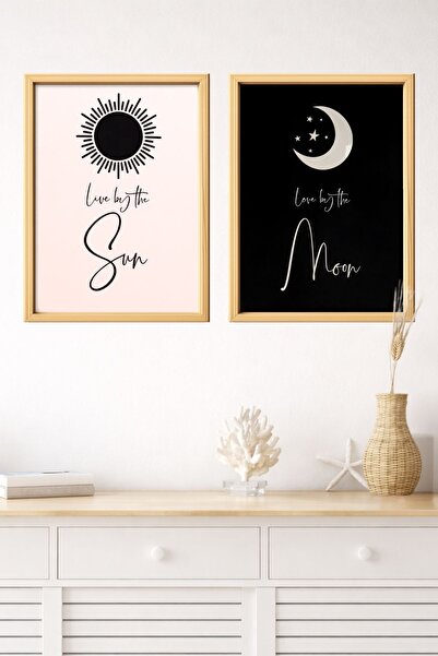 Dekor Güneş Ay Minimalist Siyah Beyaz 3D Çerçeve Görünümlü MDF Tablo Seti (2'...