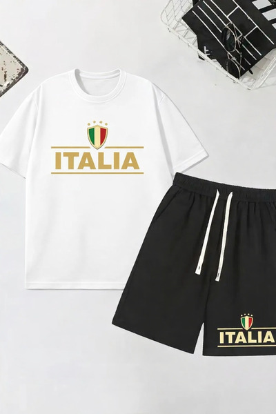 puolikuu Men's Oversized Tracksuit with Shorts - Italy Lettering Printed T-Sh...