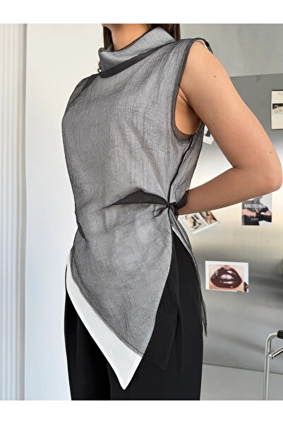 LOKADI High Neck Organza Asymmetrical Blouse - Gray Versatile Cut Stylish Top