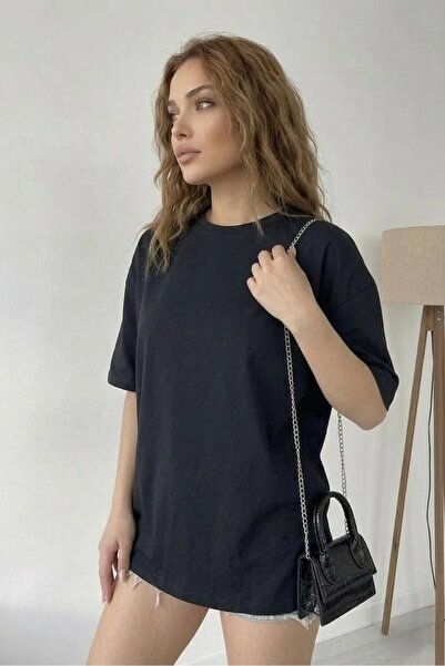 assef Tricou negru pentru femei basic supradimensionat bumbac cu textură moal...