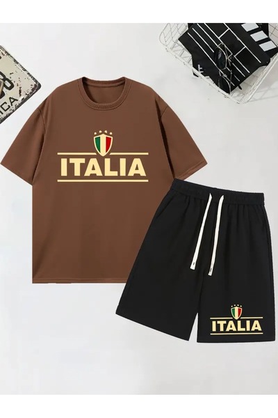 puolikuu Men's Oversized Tracksuit with Shorts - Italy Lettering Printed T-Sh...