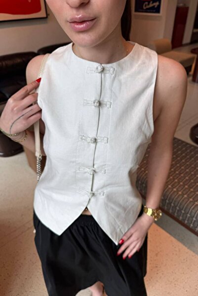 LOKADI Women's Linen Blended Chinese Collar Button Detailed Vest Blouse