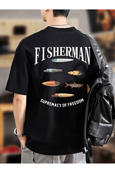 one button Bay Fısherman cu imprimeu Premium supradimensionat tricou