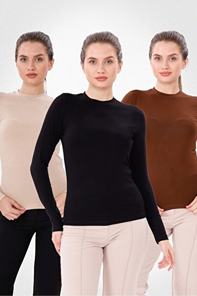 euro click 3-pack Γυναικεία μακρυμάνικη βασική μπλούζα Ελαστικό υφάσματος εφα...