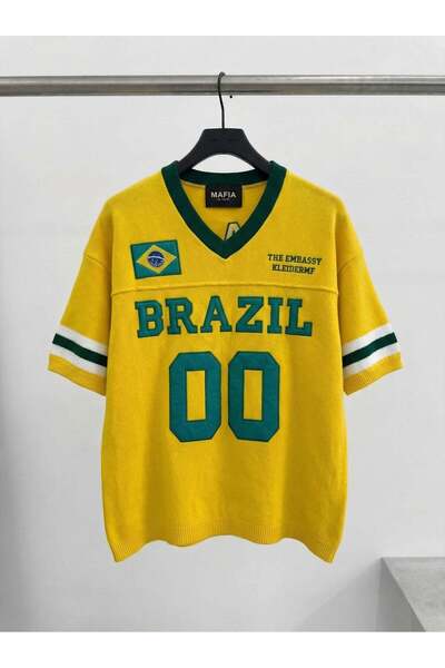 elkumoda Men's Oversized V-Neck Embroidered Knitwear T-Shirt Wide Cut Knitted...