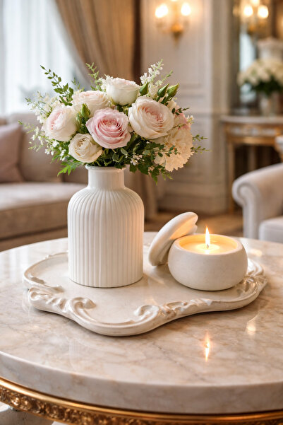 StoneVia Dekoratif Tepsi Üzerinde Vazo ve Kapaklı Mumluk Seti – Şık Salon Dek...