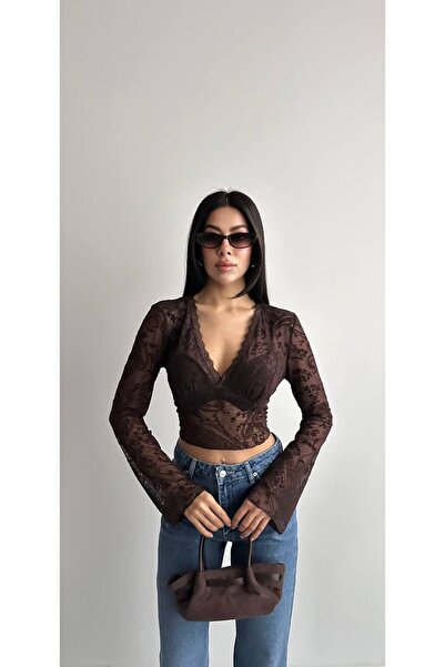 MİSTİX İSTANBUL Biber Collection Kadın V Yaka Dantelli Flok Baskılı Bluz