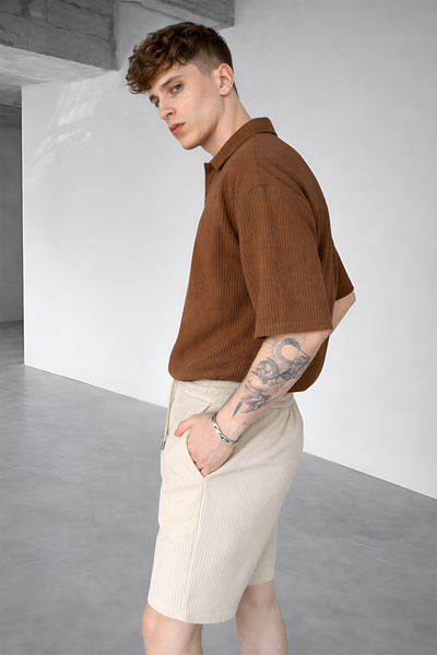 beuivo Men's Beige Ottoman Corded Fabric Fabric Regular Comfortable Fit Pocketed Elastic Waist Shorts