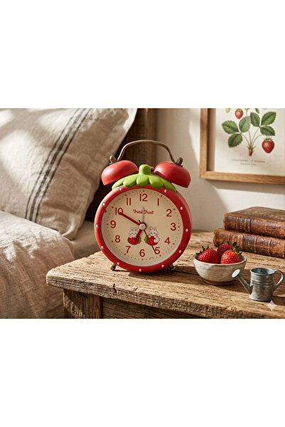 shop Çilek Figürlü Dekoratif Masa Saati - Kırmızı Nostaljik Işıklı Alarmlı Saat