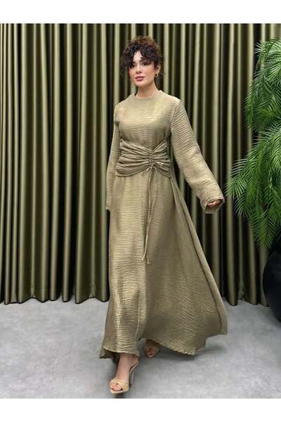 Cardella Turquoise Draped Waist Detailed Tncl Fabric Long Dress – Hijab Compa...