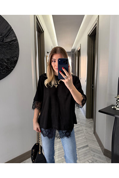 Perry Boutique تيشيرت نسائي بأكمام قصيرة وتفاصيل دانتيل وأكمام قصيرة