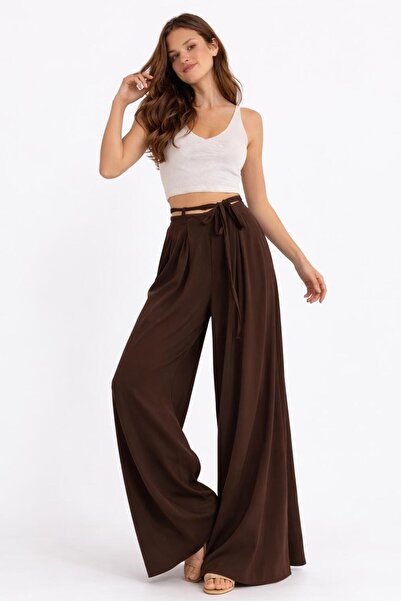 02Lady Fashion Zip Detail Wide-Leg High Waist Tie-Up Plazzo Trousers