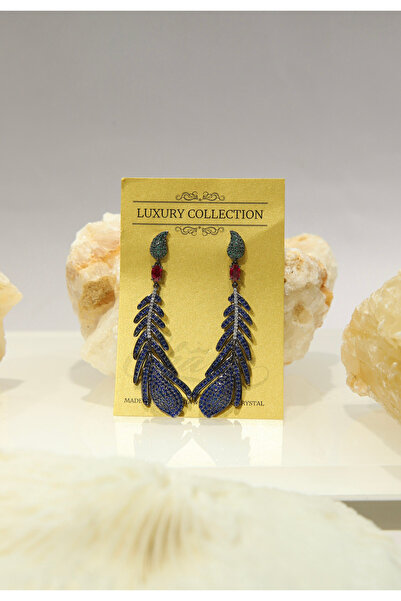 CHARM Peacock Elegance Earrings – Blue Feather with Crystals