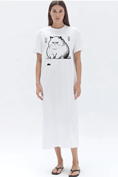 ROCKANDROLL Cat Mouse White Crew Neck Short Sleeve Combed Cotton Long Dress