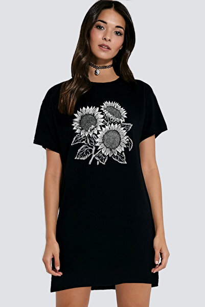 ROCKANDROLL Summer Flowers Black Short Sleeve Combed Cotton Women's T-Shirt D...