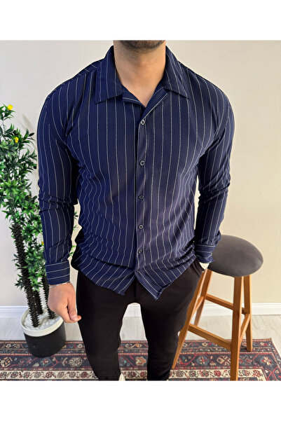 blucombin Men's Striped Crepe Shirt Long Sleeve