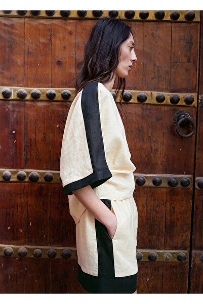 MANGO Woman Kontrast çizgili keten bluz