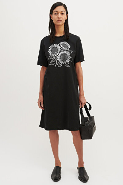 ROCKANDROLL Summer Flowers Black Short Sleeve Above Knee Mid-Length Combed Co...