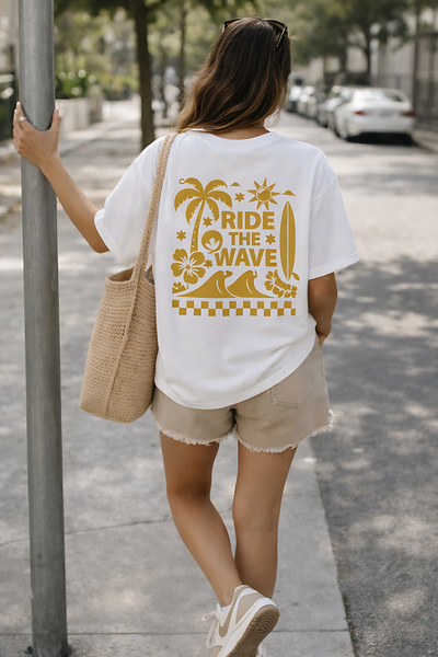 ArtYus Ride the Wave Surf Printed Unisex Oversized T-Shirt - Pack of Cotton C...