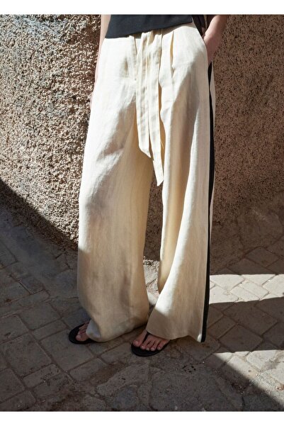 MANGO Woman Kontrast çizgili keten pantolon