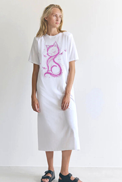 ROCKANDROLL Cat Princess White Crew Neck Short Sleeve Combed Cotton Long Dress