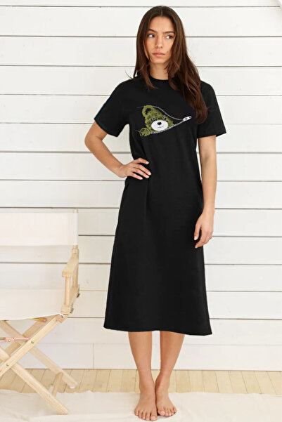 ROCKANDROLL Zippered Teddy Black Crew Neck Short Sleeve Combed Cotton Long Dress