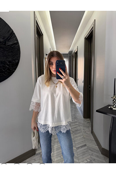 Perry Boutique تيشيرت نسائي بأكمام قصيرة وتفاصيل دانتيل وأكمام قصيرة