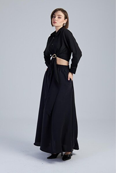 Captival Women's Gold Buckle Detail Tie-Detail Shirt Long Skirt Double Set