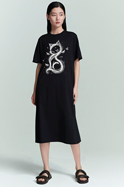 ROCKANDROLL Cat Princess Black Crew Neck Short Sleeve Combed Cotton Long Dress